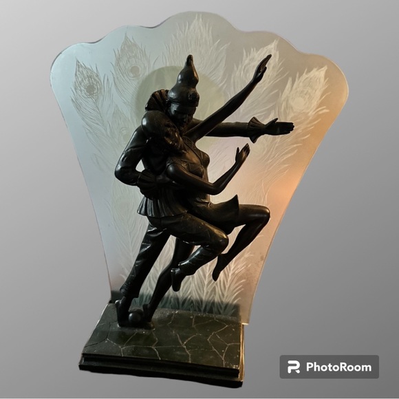Vtg Art Deco Harlequin & Ballerina Lamp Cast Bronze Style Peacock - Picture 4 of 9